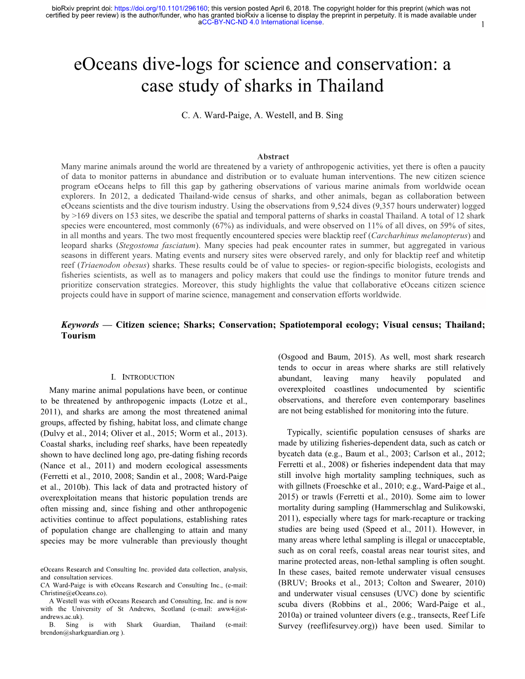 Eoceans Dive-Logs for Science and Conservation: a Case Study of Sharks in Thailand