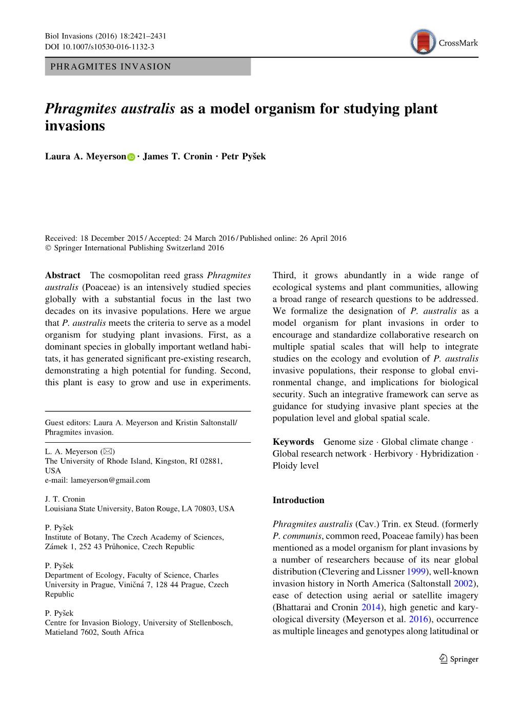 Phragmites Australis As a Model Organism for Studying Plant Invasions