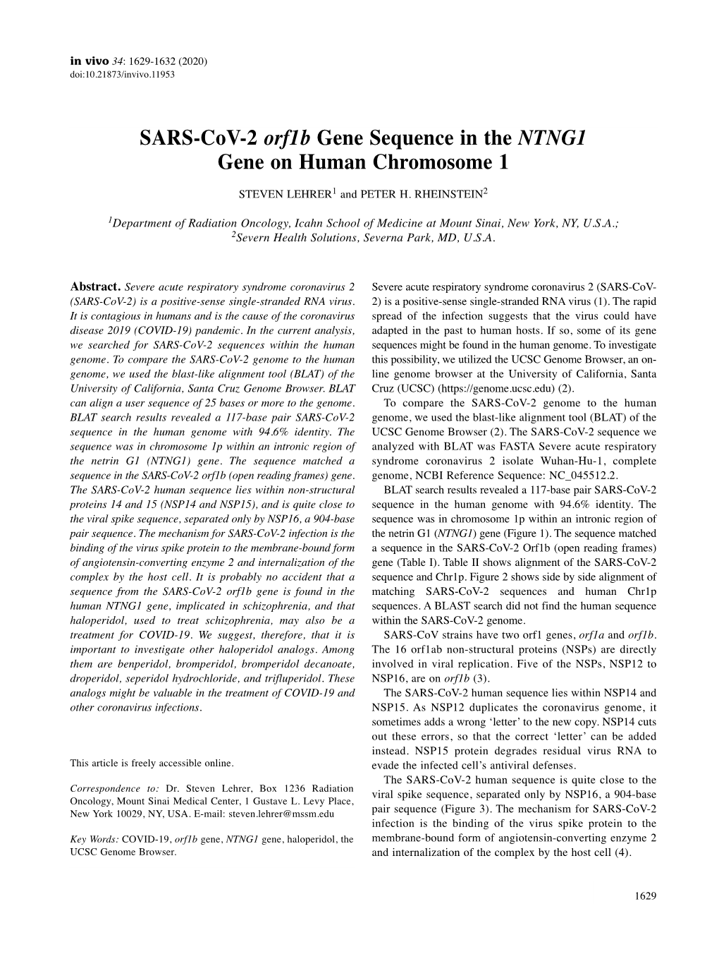 SARS-Cov-2 Orf1b Gene Sequence in the NTNG1 Gene on Human Chromosome 1 STEVEN LEHRER 1 and PETER H