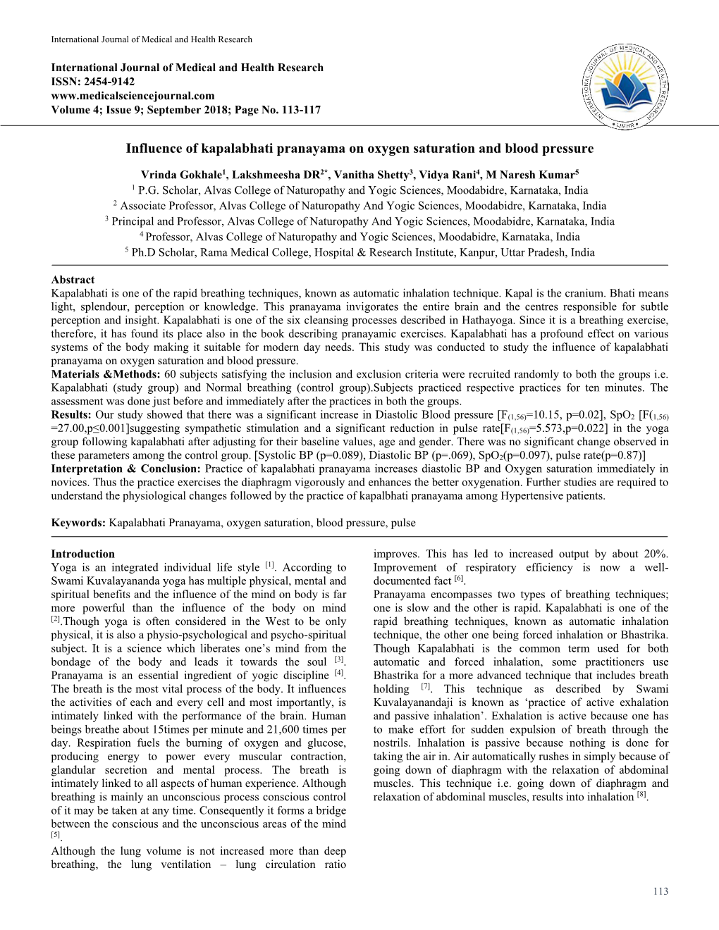 Influence of Kapalabhati Pranayama on Oxygen Saturation and Blood Pressure