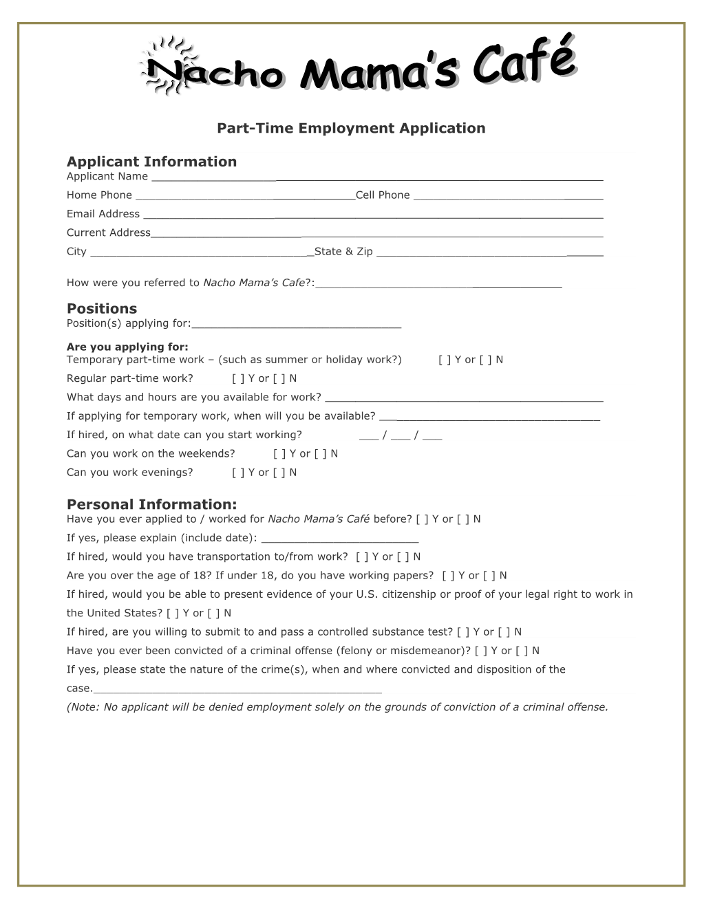 Part-Time Employment Application