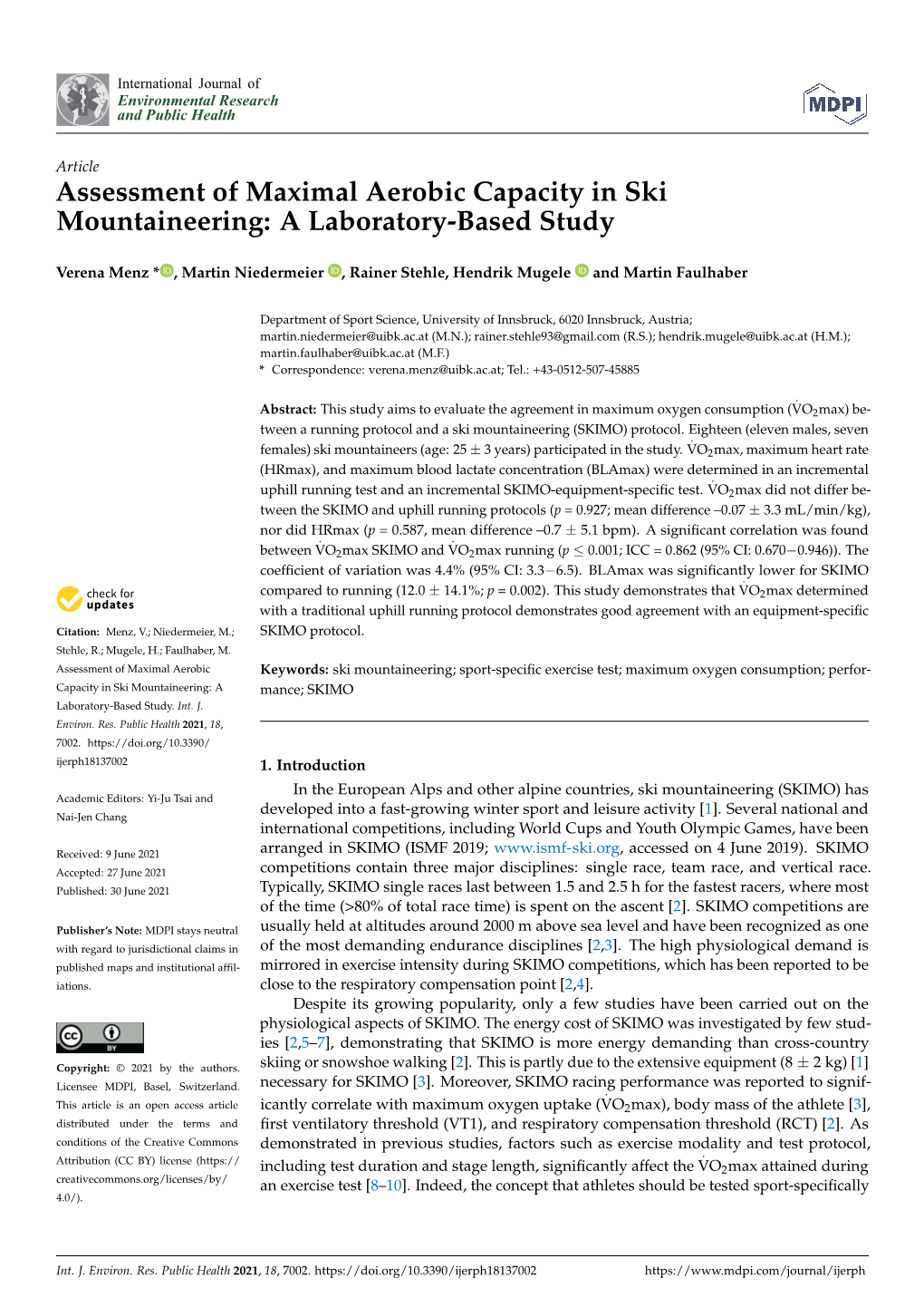 Assessment of Maximal Aerobic Capacity in Ski Mountaineering: a Laboratory-Based Study