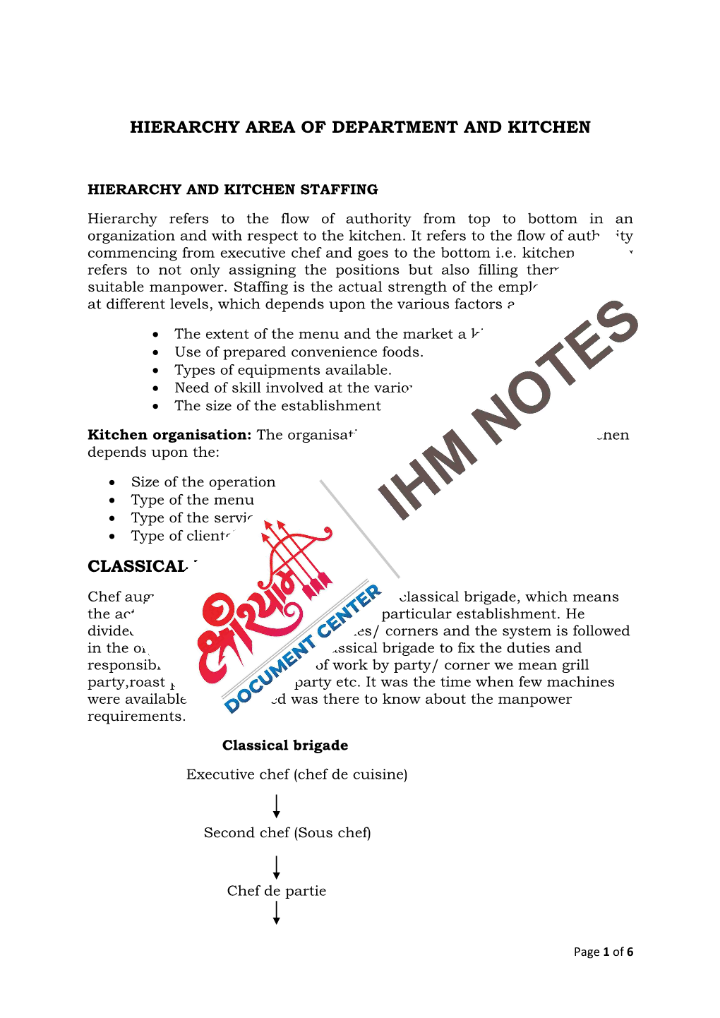 Hierarchy Area of Department and Kitchen