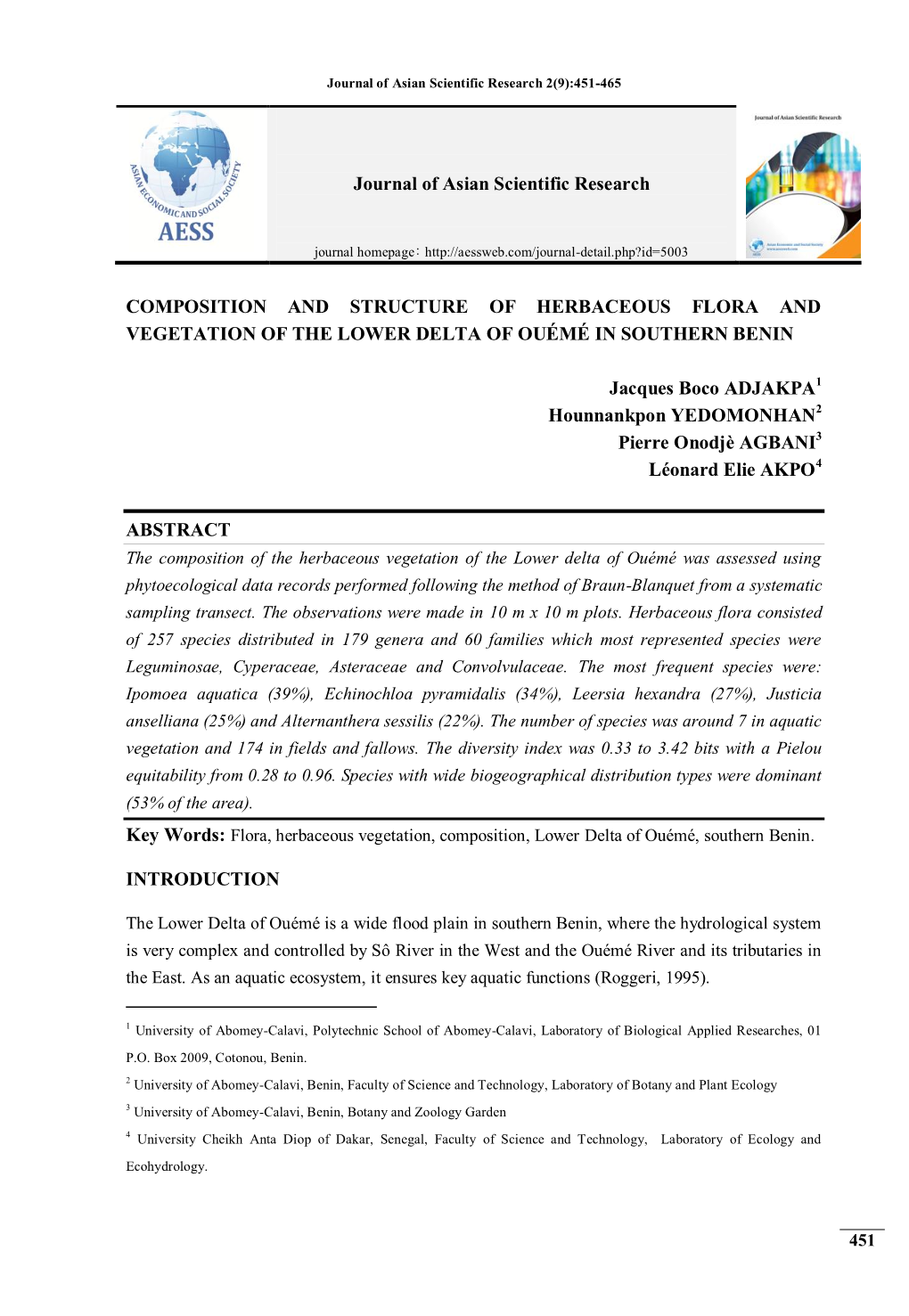 Composition and Structure of Herbaceous Flora and Vegetation of the Lower Delta of Ouémé in Southern Benin