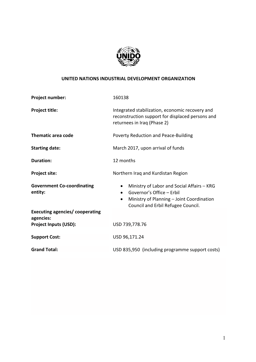 160138 Project Title: Integrated Stabilization, Economi