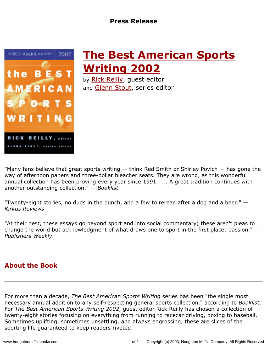 Press Release for the Best American Sports Writing 2002 Published By