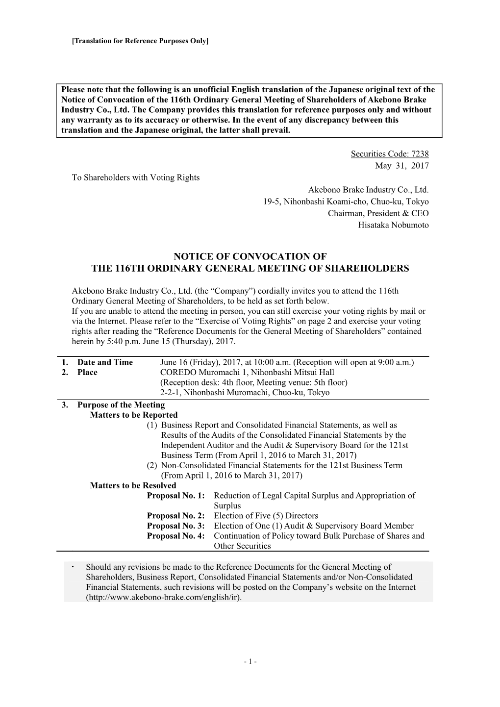 Notice of Convocation of the 116Th Ordinary General Meeting of Shareholders of Akebono Brake Industry Co., Ltd