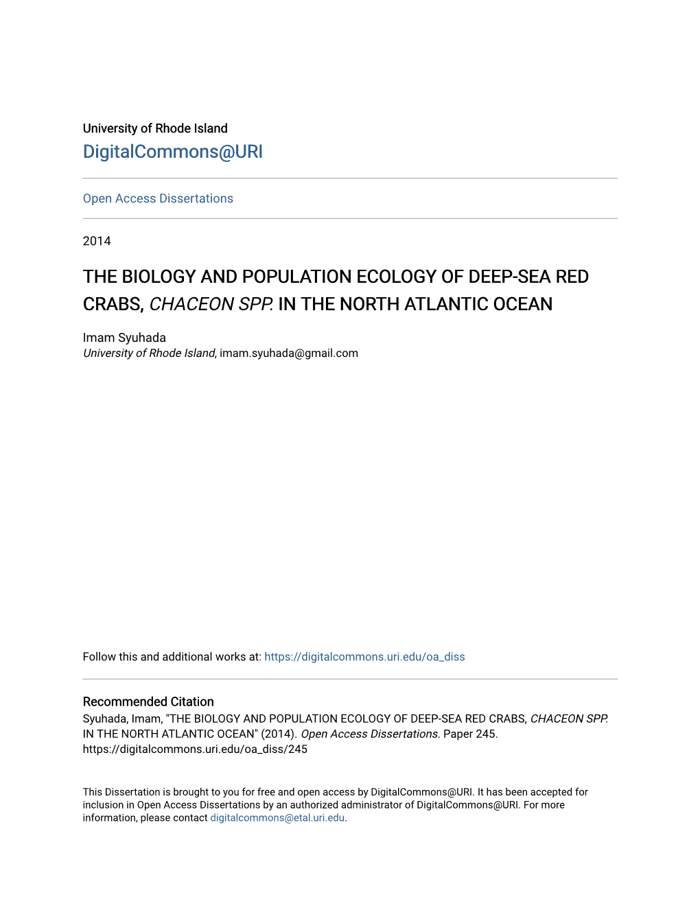 The Biology and Population Ecology of Deep-Sea Red Crabs, Chaceon Spp. in the North Atlantic Ocean