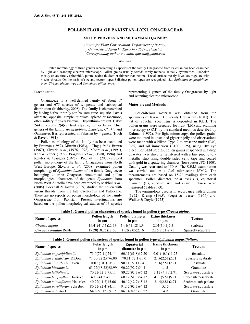 Pollen Flora of Pakistan–Lxxi. Onagraceae