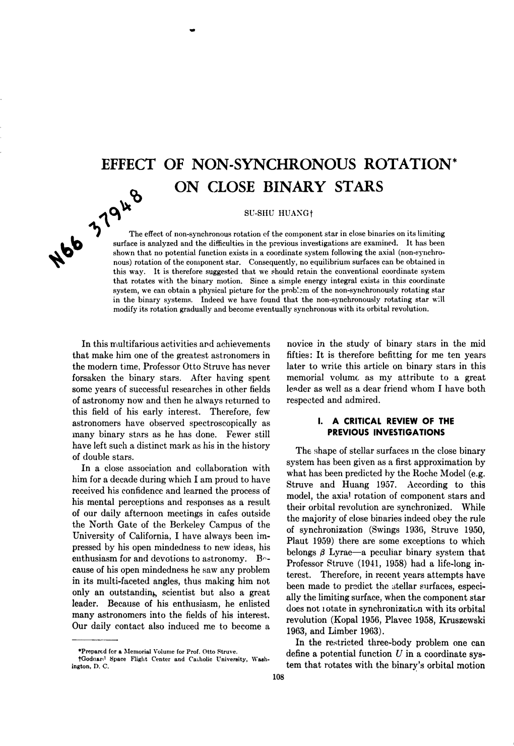 Effect of Non-Synchronous Rotation* on Close Binary Stars