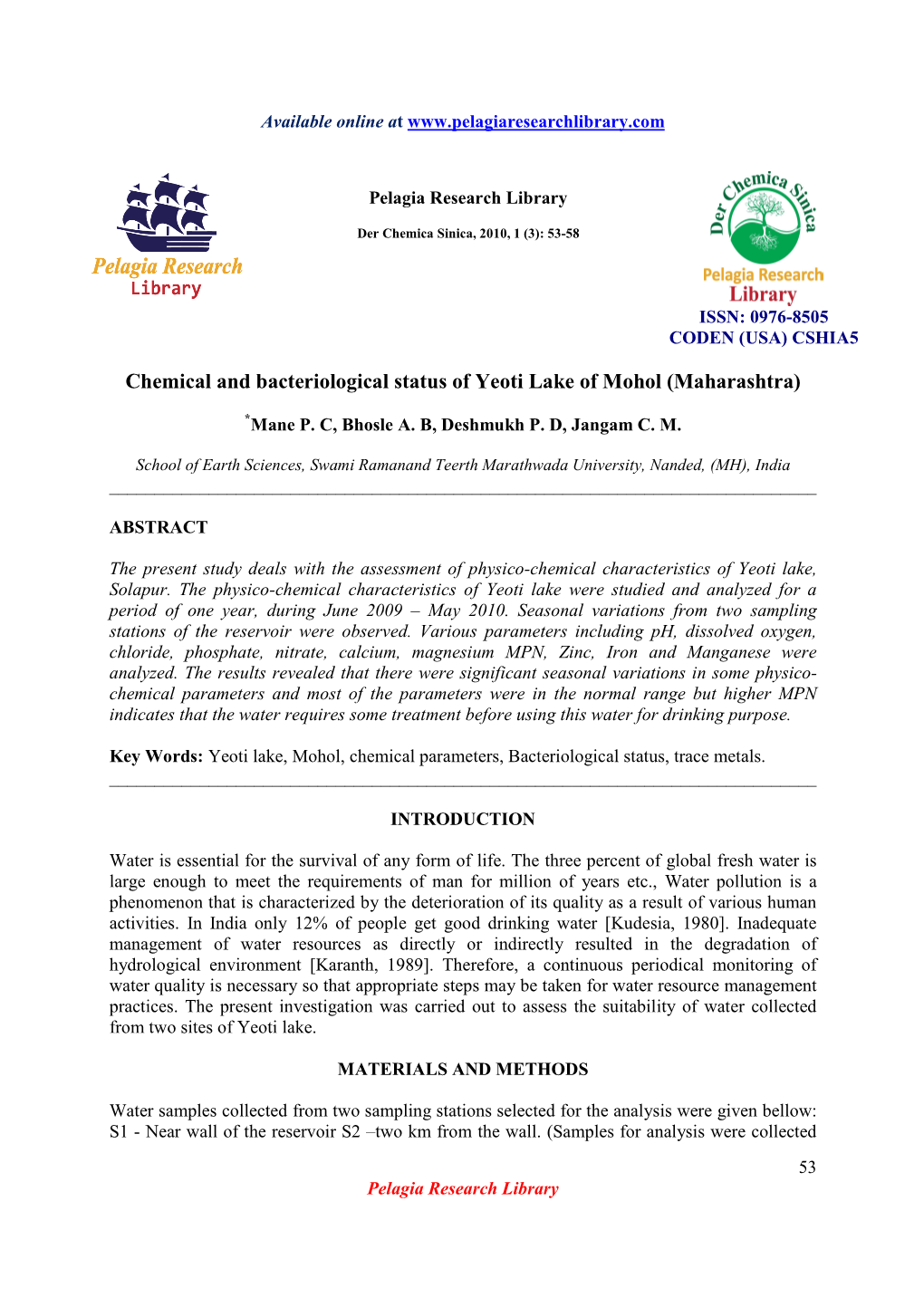 Chemical and Bacteriological Status of Yeoti Lake of Mohol (Maharashtra)