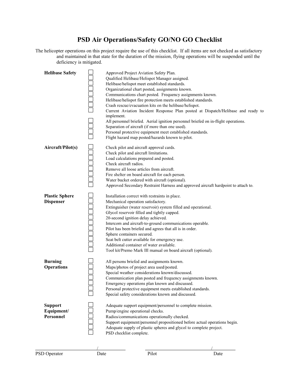 PSD Air Operations/Safety GO/NO GO Checklist