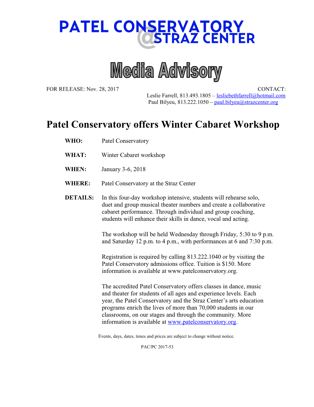 Patel Conservatory Offers Winter Cabaret Workshop