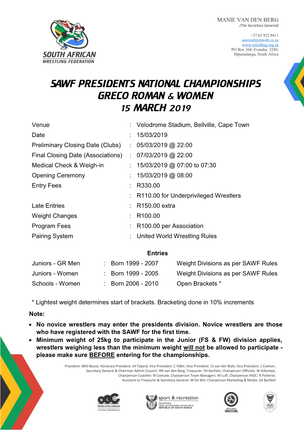 SAWF – Information Presidents (GR & FW) – 15 March 2019