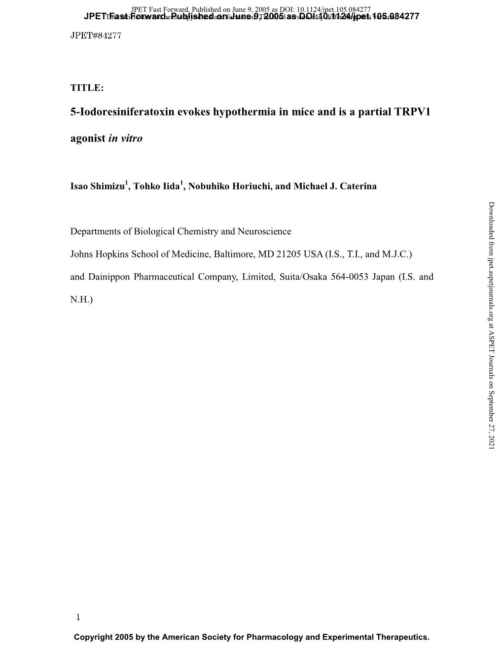 5-Iodoresiniferatoxin Evokes Hypothermia in Mice and Is a Partial TRPV1 Agonist in Vitro