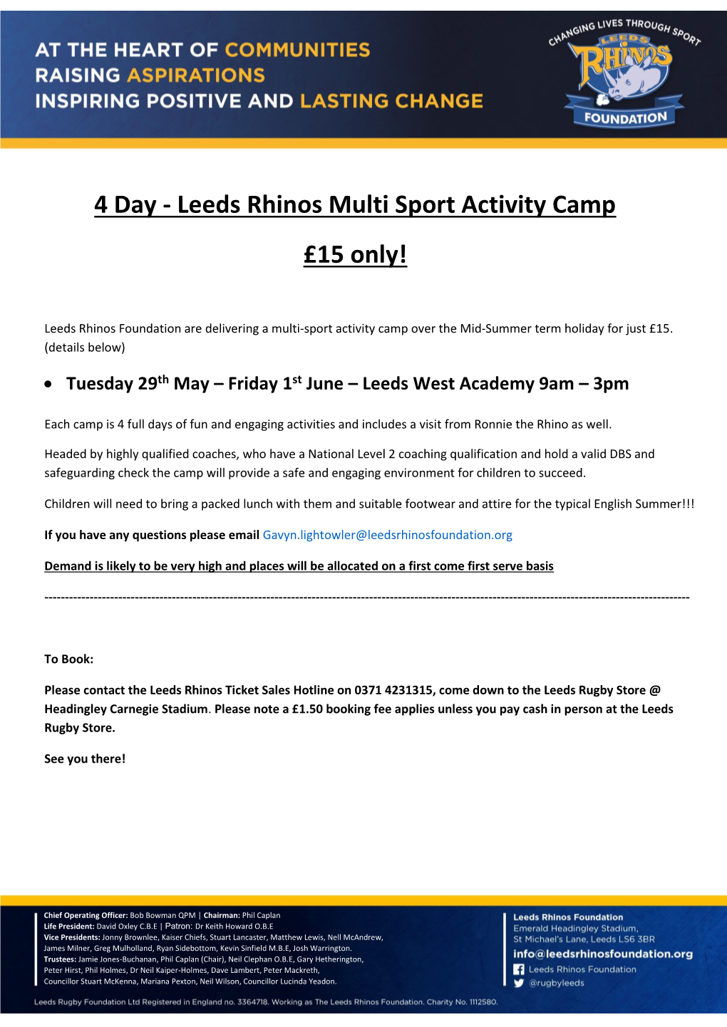 4 Day - Leeds Rhinos Multi Sport Activity Camp £15 Only!