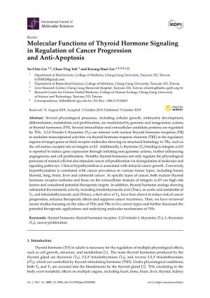 Molecular Functions of Thyroid Hormone Signaling in Regulation of Cancer Progression and Anti-Apoptosis