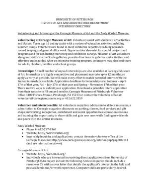 University of Pittsburgh History of Art and Architecture Department Internship Directory