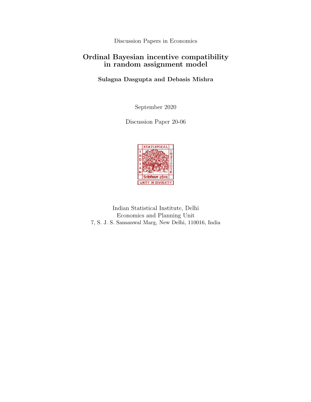 Ordinal Bayesian Incentive Compatibility in Random Assignment Model