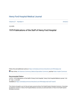 1979 Publications of the Staff of Henry Ford Hospital