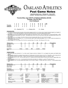 07-30-2013 A's Post Game Notes