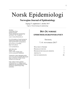 Norwegian Journal of Epidemiology Årgang 27, Supplement 1, Oktober 2017 Utgitt Av Norsk Forening for Epidemiologi