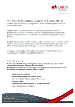 Welcome to the DHBW Campus Bad Mergentheim Your First Week