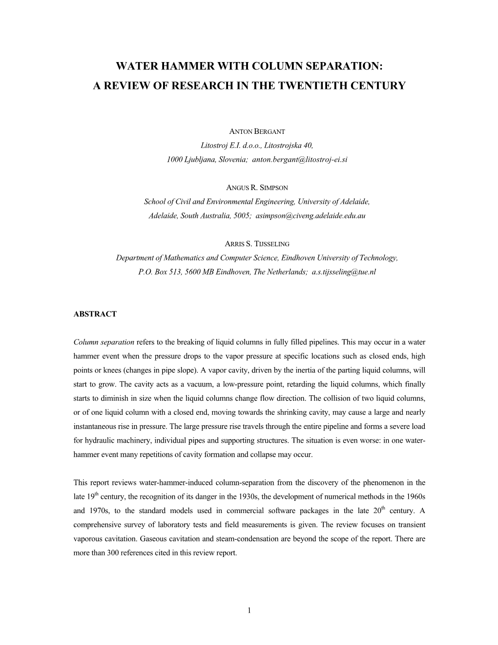 Water Hammer with Column Separation: a Review of Research in the Twentieth Century