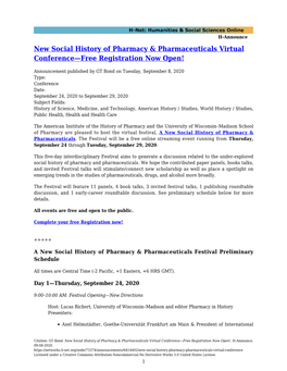 New Social History of Pharmacy & Pharmaceuticals Virtual Conference—Free Registration Now Open!