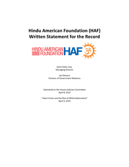 Hindu American Foundation (HAF) Written Statement for the Record