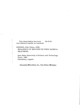 University Microfilms, Inc., Ann Arbor, Michigan INFLUENCE of SOLVENT