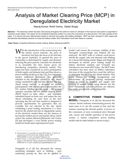 Analysis of Market Clearing Price (MCP) in Deregulated Electricity Market Neeraj Kumar, Rohit Verma, Satish Singla