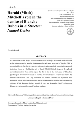 (Mitch) Mitchell's Role in the Demise of Blanche Dubois in a Streetcar