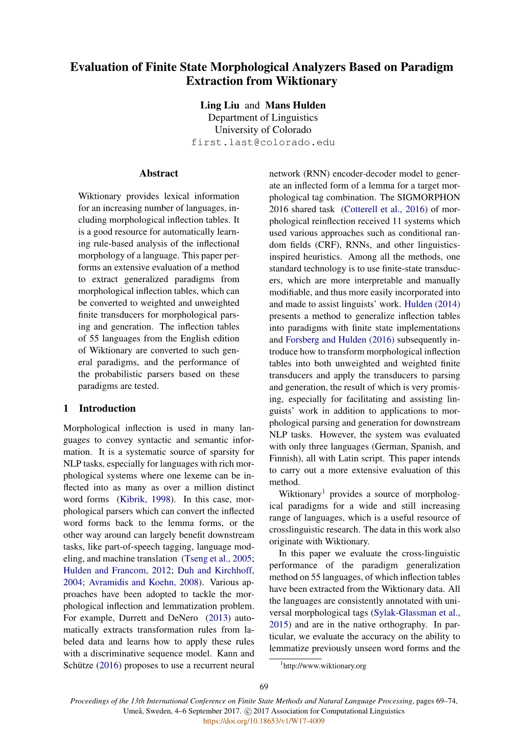 Evaluation of Finite State Morphological Analyzers Based on Paradigm Extraction from Wiktionary