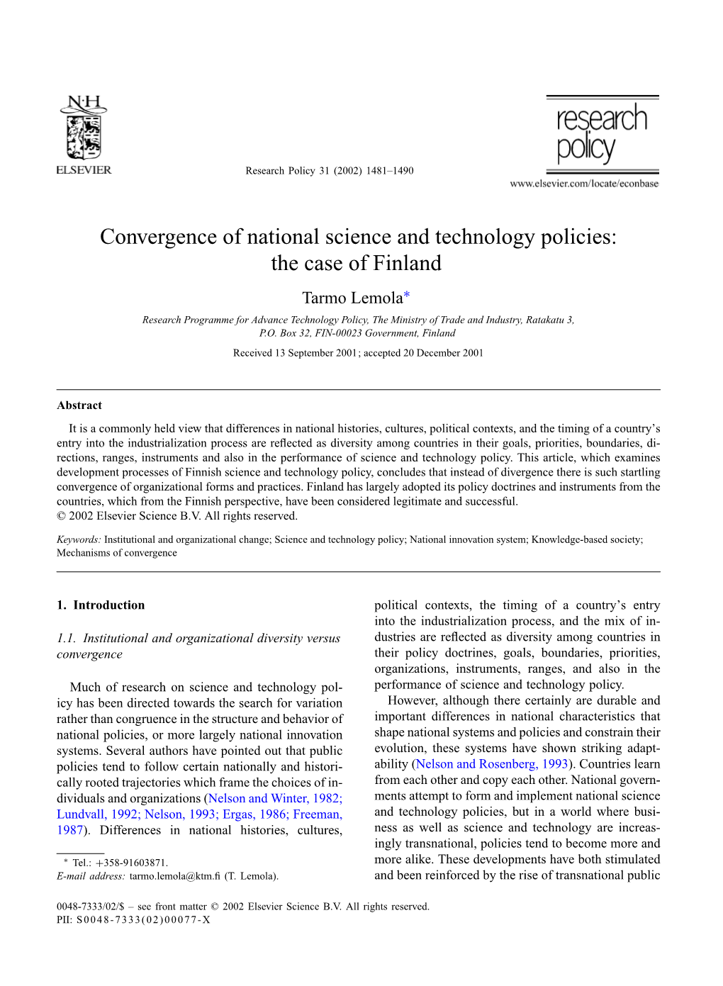 Convergence of National Science and Technology Policies: the Case of Finland