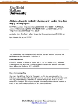 Attitudes Towards Protective Headgear in UK Rugby Union Players