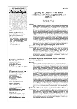 Updating the Checklist of the Iberian Opiliofauna: Corrections, Suppressions and Additions