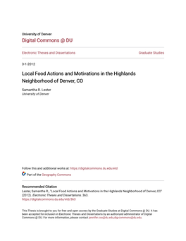 Local Food Actions and Motivations in the Highlands Neighborhood of Denver, CO