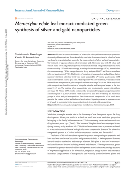 Memecylon Edule Leaf Extract Mediated Green Synthesis of Silver and Gold Nanoparticles