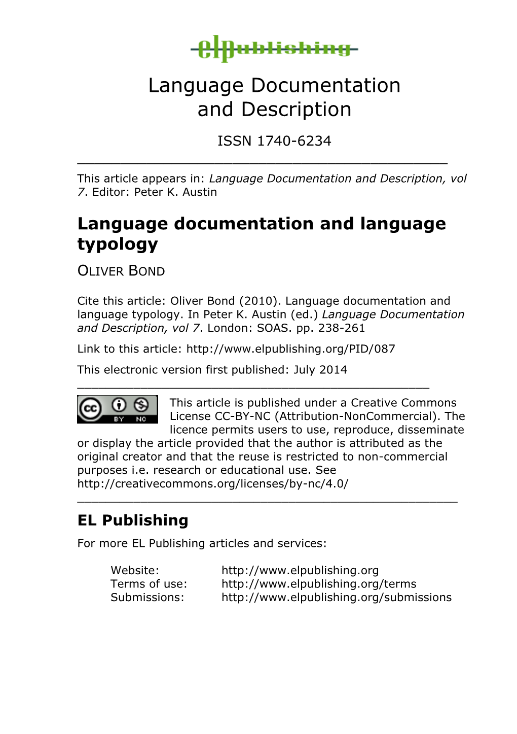 Language Documentation and Description