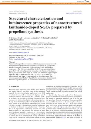 Structural Characterization and Luminescence Properties of Nanostructured Lanthanide-Doped Sc2o3 Prepared by Propellant Synthesis