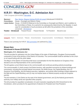 H.R.51 - 116Th Congress (2019-2020): Washington, D.C