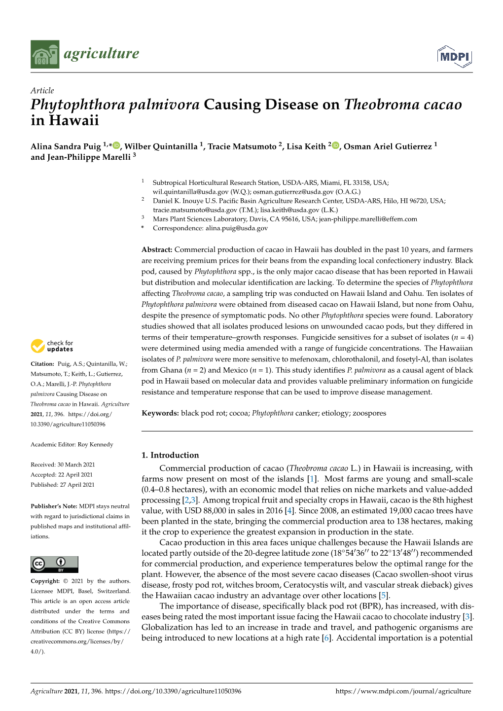 Phytophthora Palmivora Causing Disease on Theobroma Cacao in Hawaii