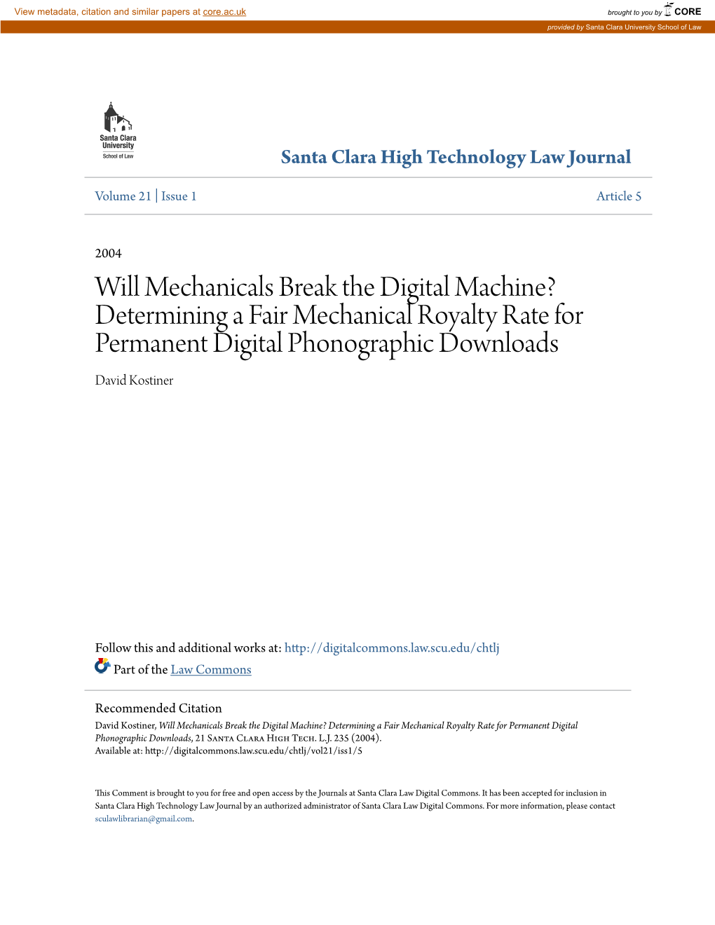 Determining a Fair Mechanical Royalty Rate for Permanent Digital Phonographic Downloads David Kostiner