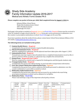 Shady Side Academy Family Information Update 2016-2017 Medical and Athletic Forms Grades PK-5