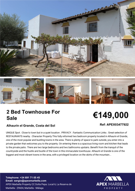 2 Bed Townhouse for Sale €149,000