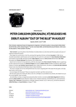 PETER CARLSOHN (JERUSALEM, XT) RELEASES HIS DEBUT ALBUM “OUT of the BLUE” in AUGUST Uppsala, Sweden