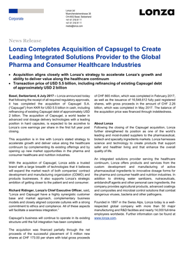 Lonza Completes Acquisition of Capsugel to Create Leading Integrated Solutions Provider to the Global Pharma and Consumer Healthcare Industries