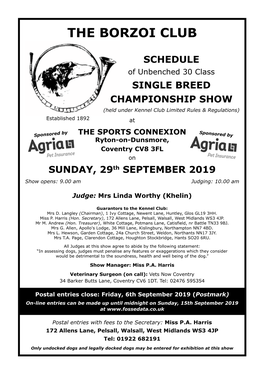 The Borzoi Club Schedule