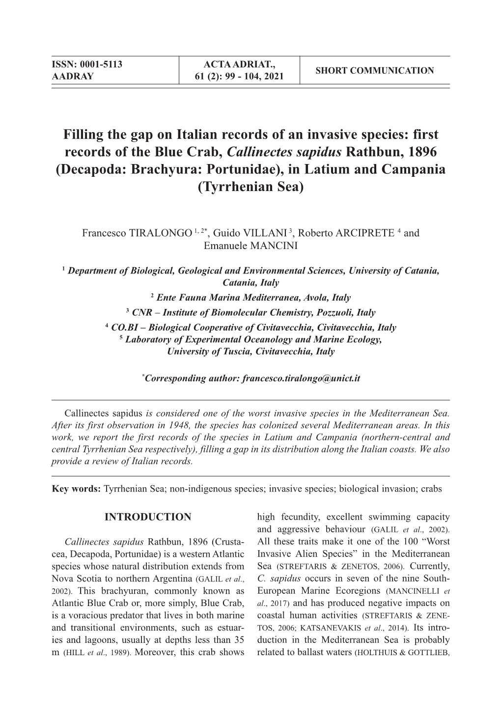 Filling the Gap on Italian Records of an Invasive Species: First Records of the Blue Crab, Callinectes Sapidus Rathbun, 1896